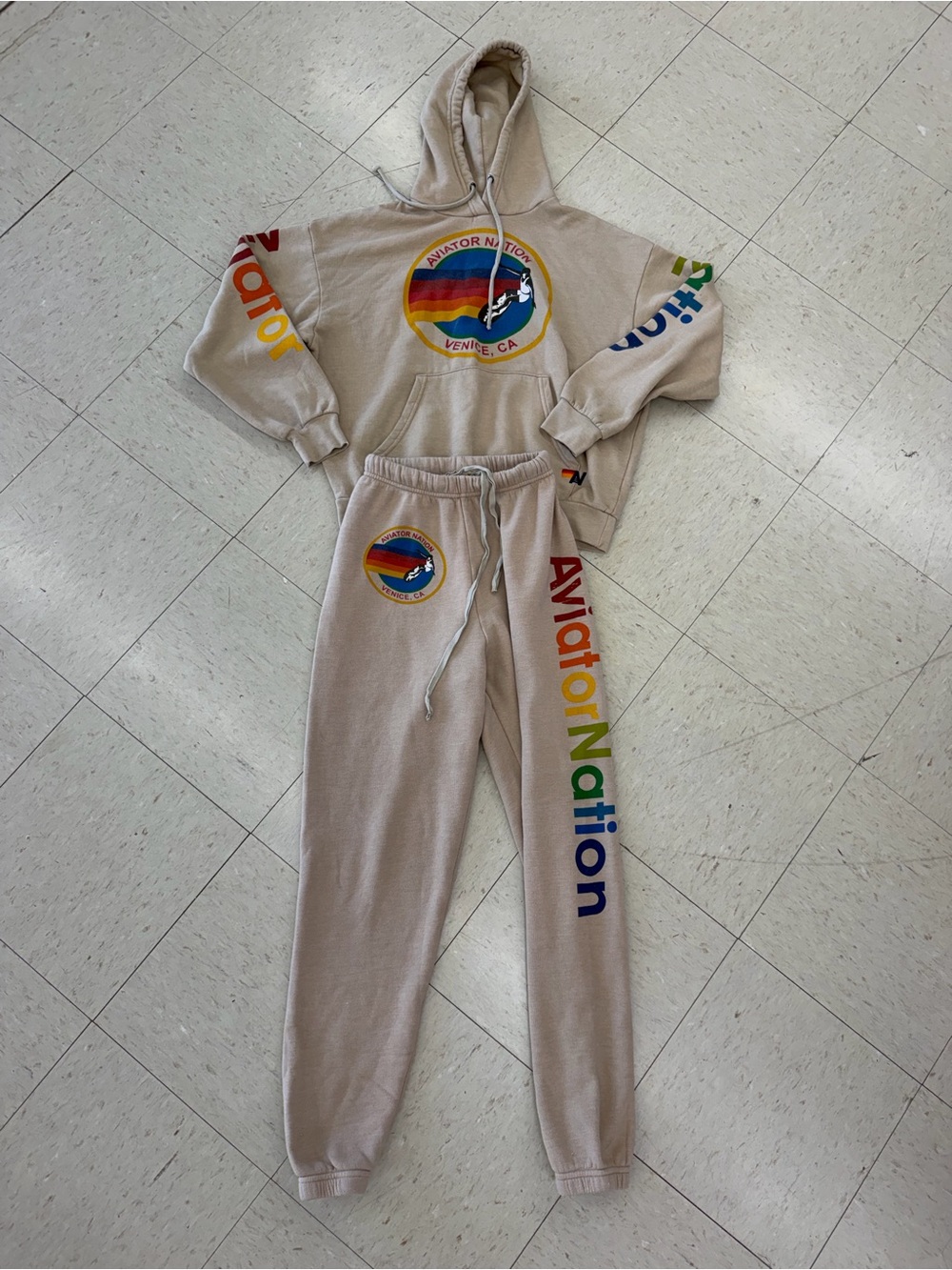Aviator Nation women's sand Rainbow Logo Hoodie & Sweatpants Set
